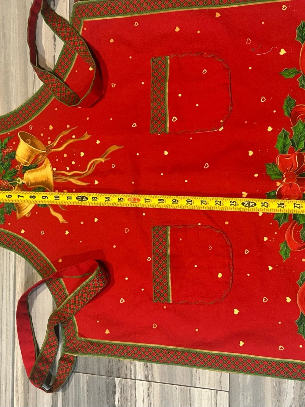 Red Holiday Apron with Gold Bells and Holly